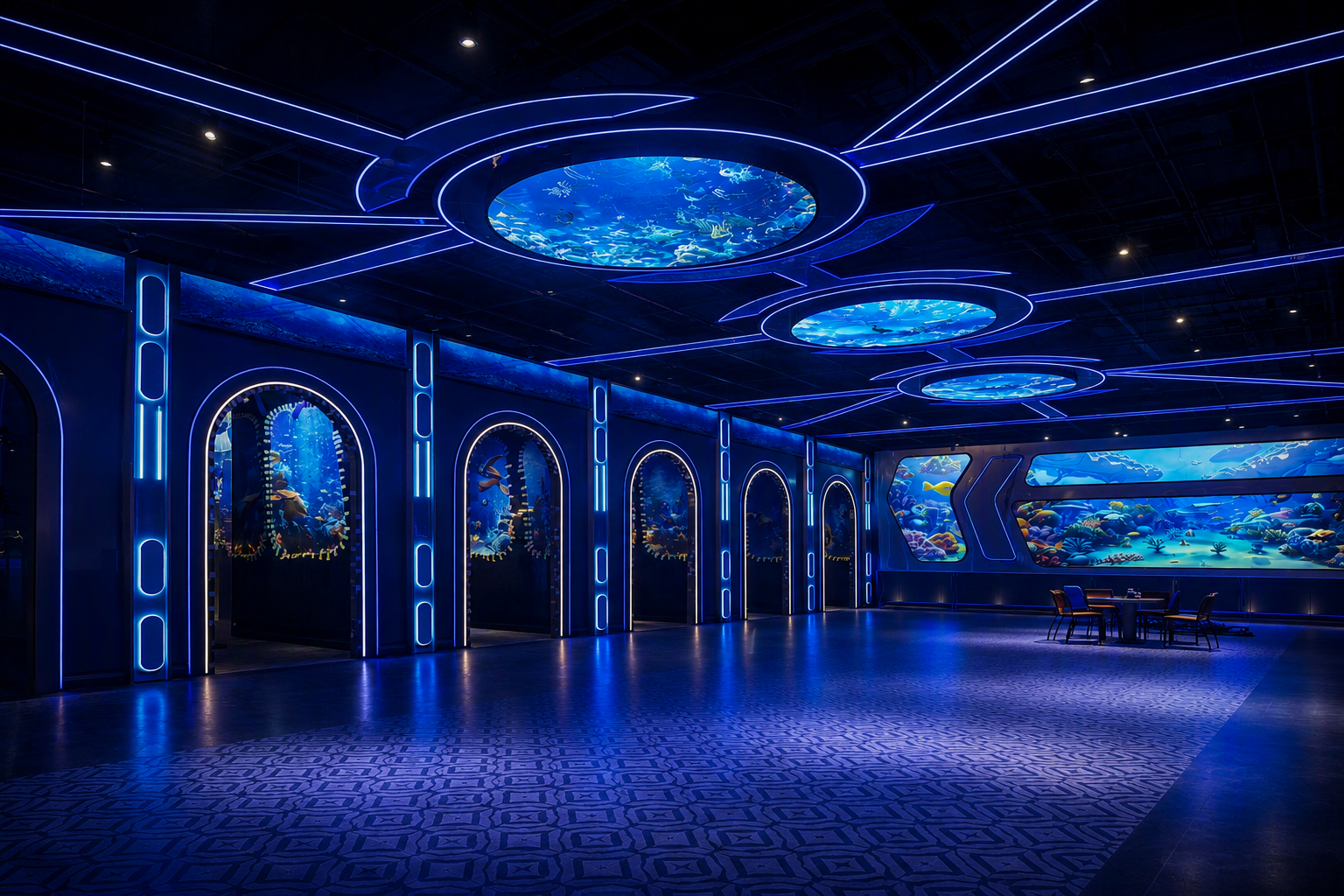 Grande salle Grand Pacific éclairée de lignes bleues
