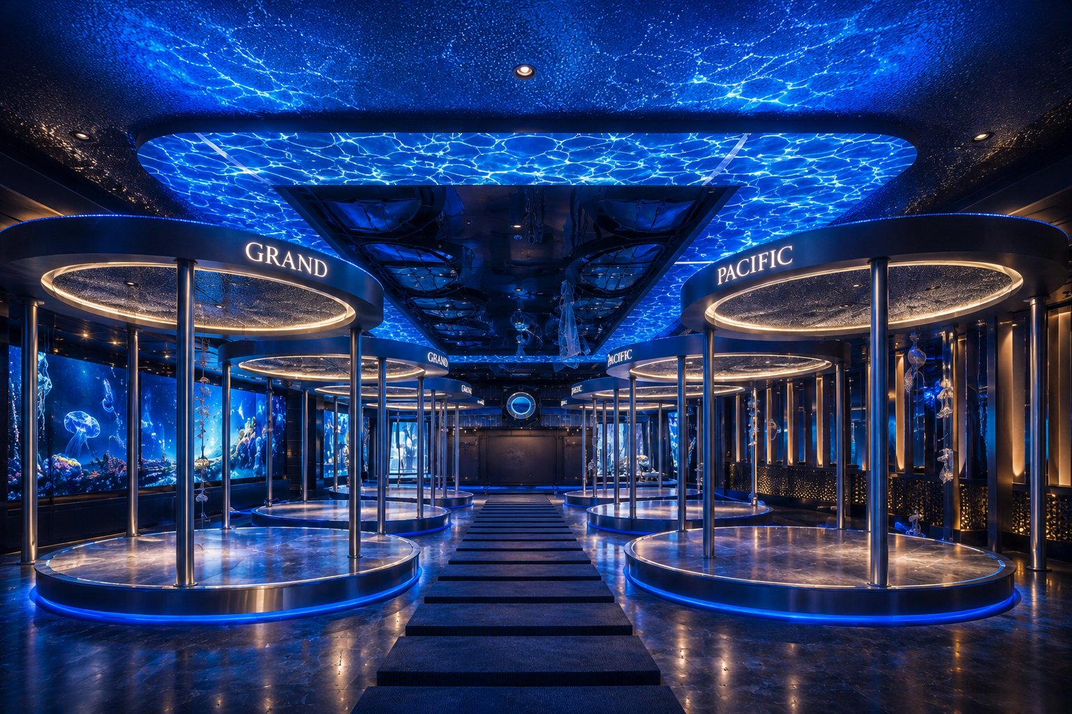 Espace Grand Pacific avec plafond lumineux bleu et îlots circulaires